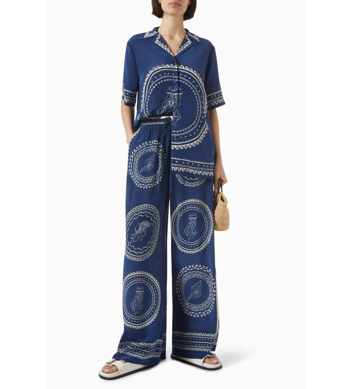 Alemais Oceane Silk Shirt and Pant Set Navy Print Size AU 8 for rent on The Volte - main image