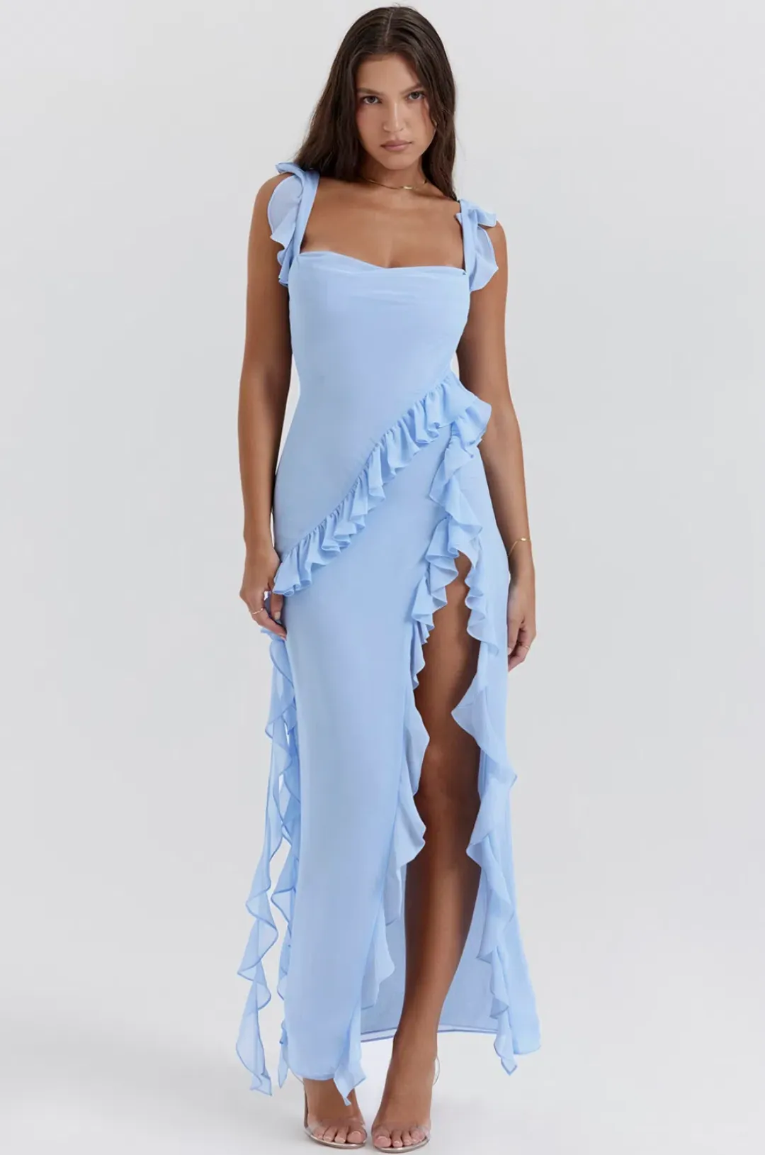 House of CB Ariela Soft Blue Ruffle Maxi Dress Blue Size L / Size AU 12 for rent on The Volte - main image