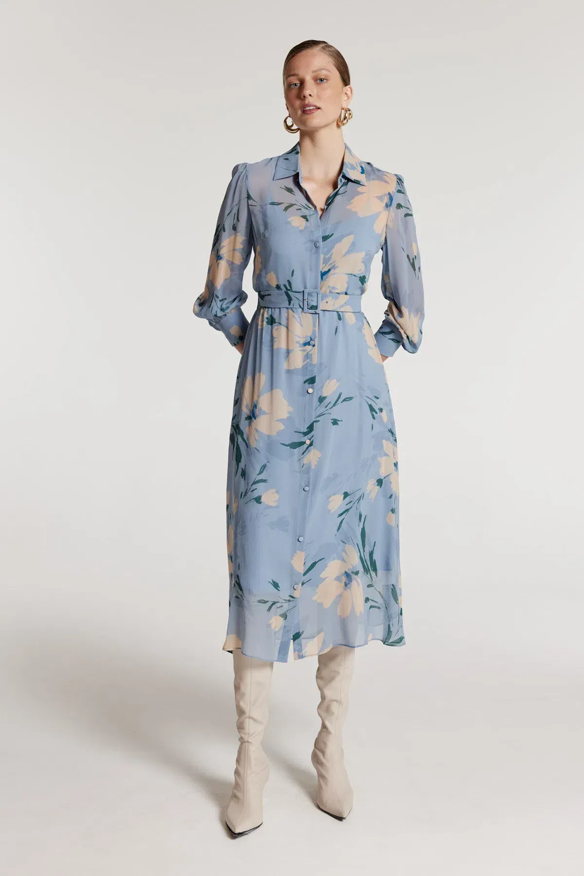 Perri Cutten Esther Silk Dress Midi Dress Blue Print  Size 8  for rent on The Volte - main image