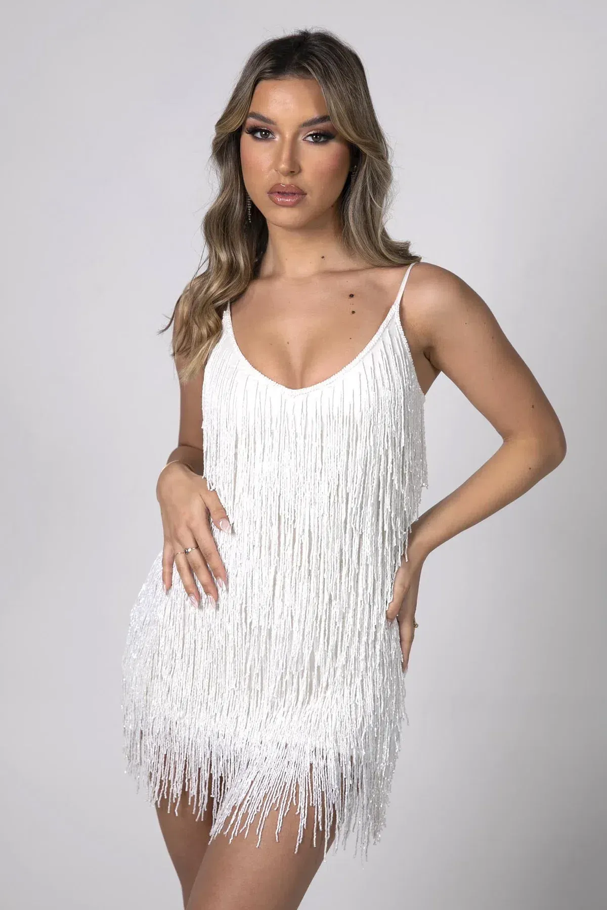 Noodz Boutique Salma Beaded Fringe Mini Dress White Size AU 8 for rent on The Volte - main image