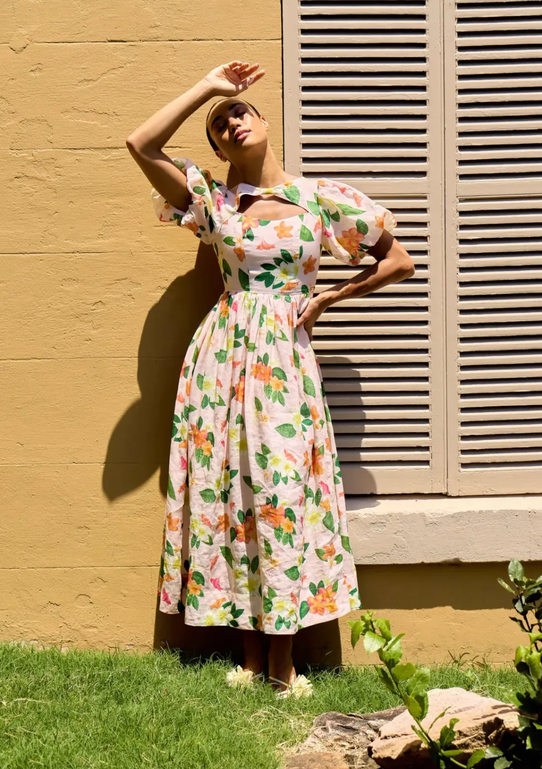 Isabella Longinnou Frangipani Puff Sleeve Midi Dress Print Size 14 for rent on The Volte - main image