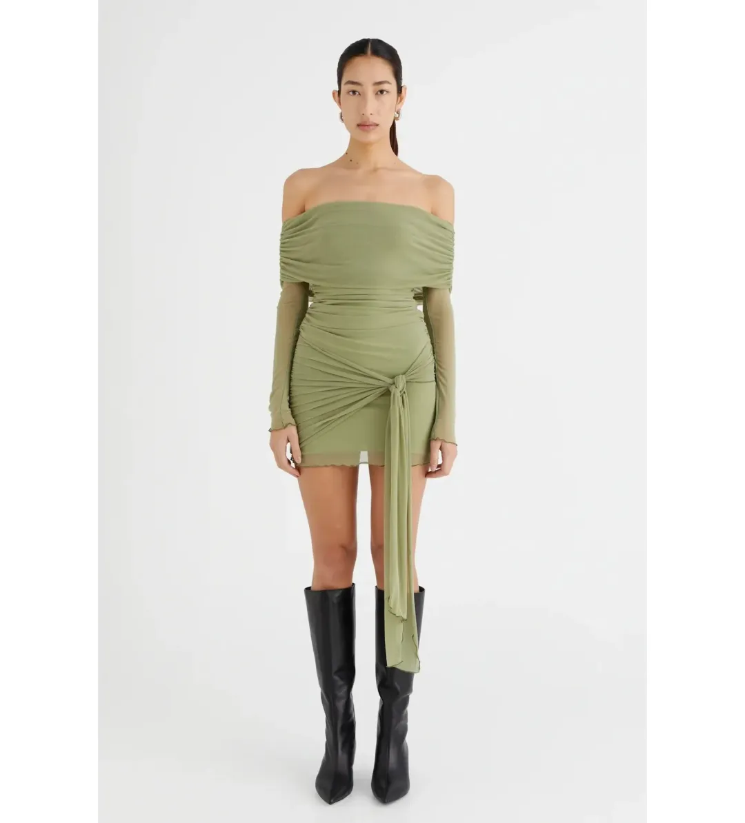 Benni  Yasmine off the shoulder mini dress in green  size AU 8 for rent on The Volte - main image