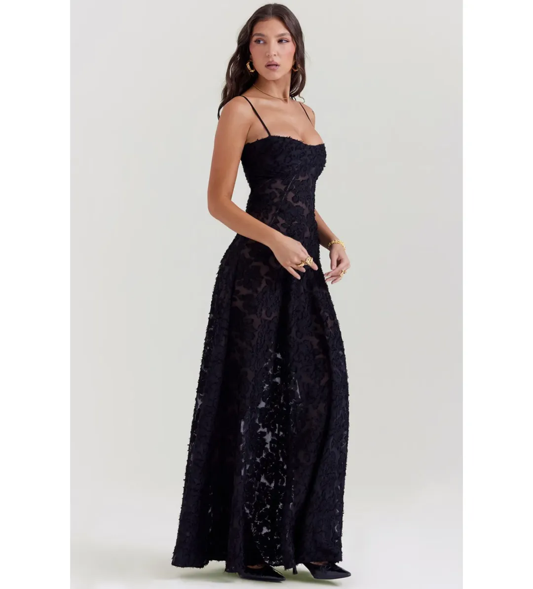 House of CB Seren Floral Lace Back Maxi Dress Black Size S/AU 8 for rent on The Volte - main image