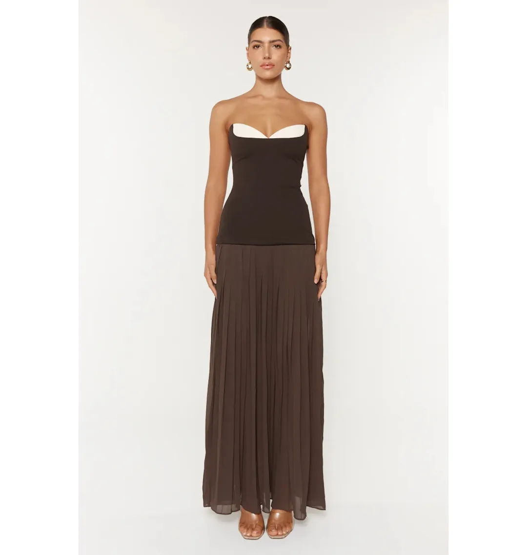 She is OLLÁ Nicolette Maxi Dress Espresso Size AU 6 for rent on The Volte - main image