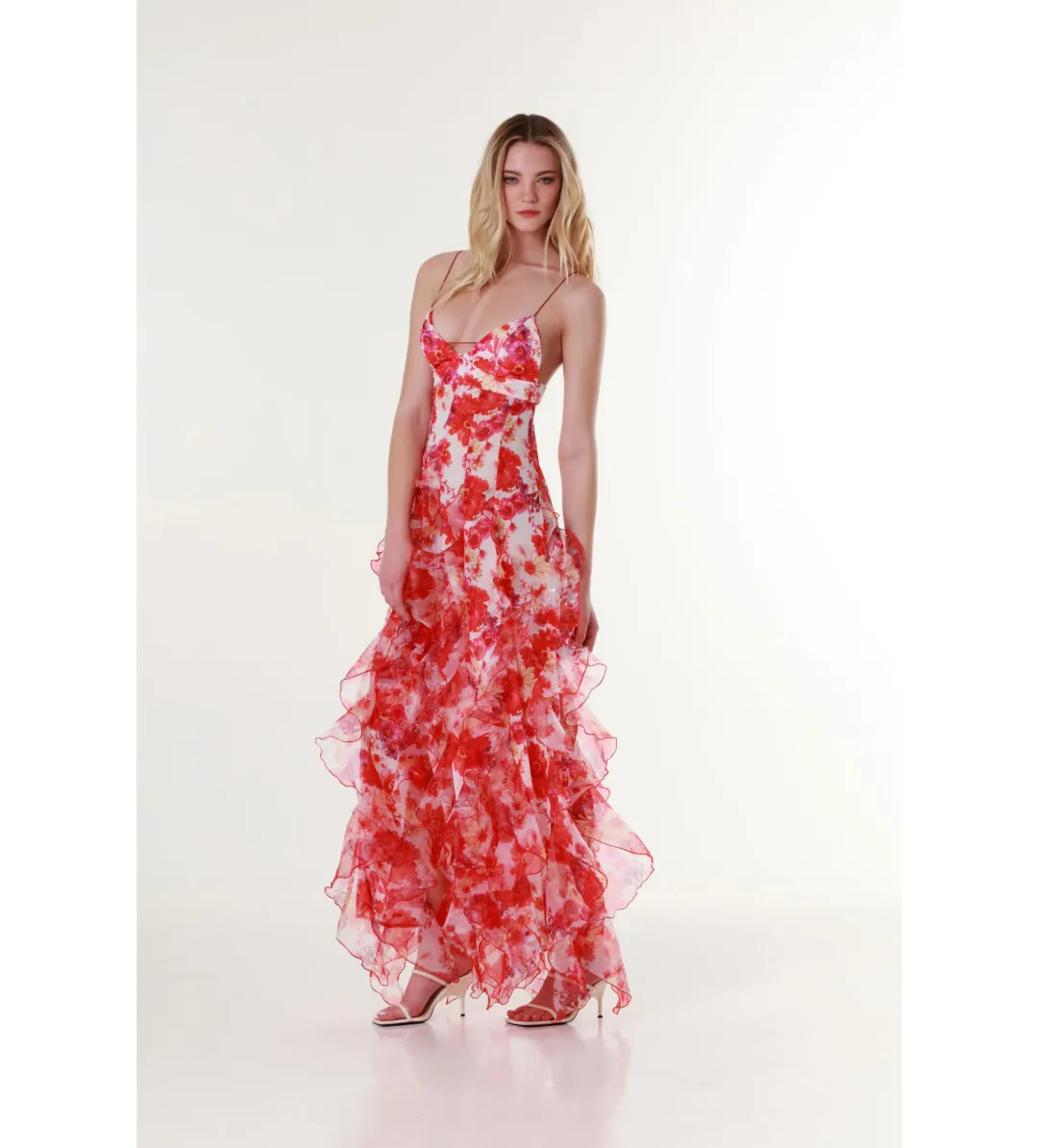 Menti Red Margarita Ruffle Floral-Print Maxi Dress Floral Size 10  for rent on The Volte - main image
