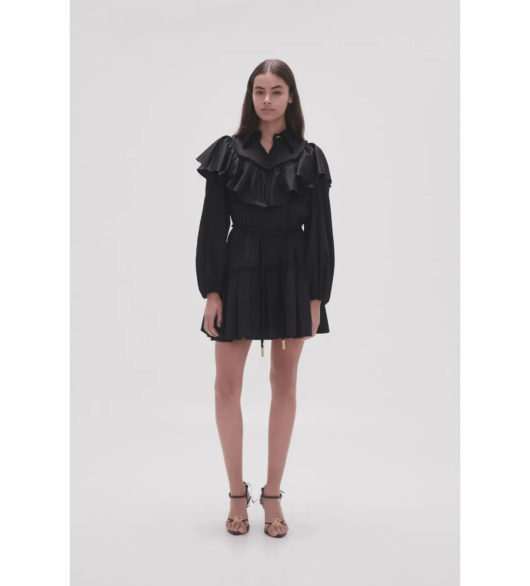 Aje Dahlia Flounce Long Sleeve Mini Dress in Black Size 12 for rent on The Volte - main image
