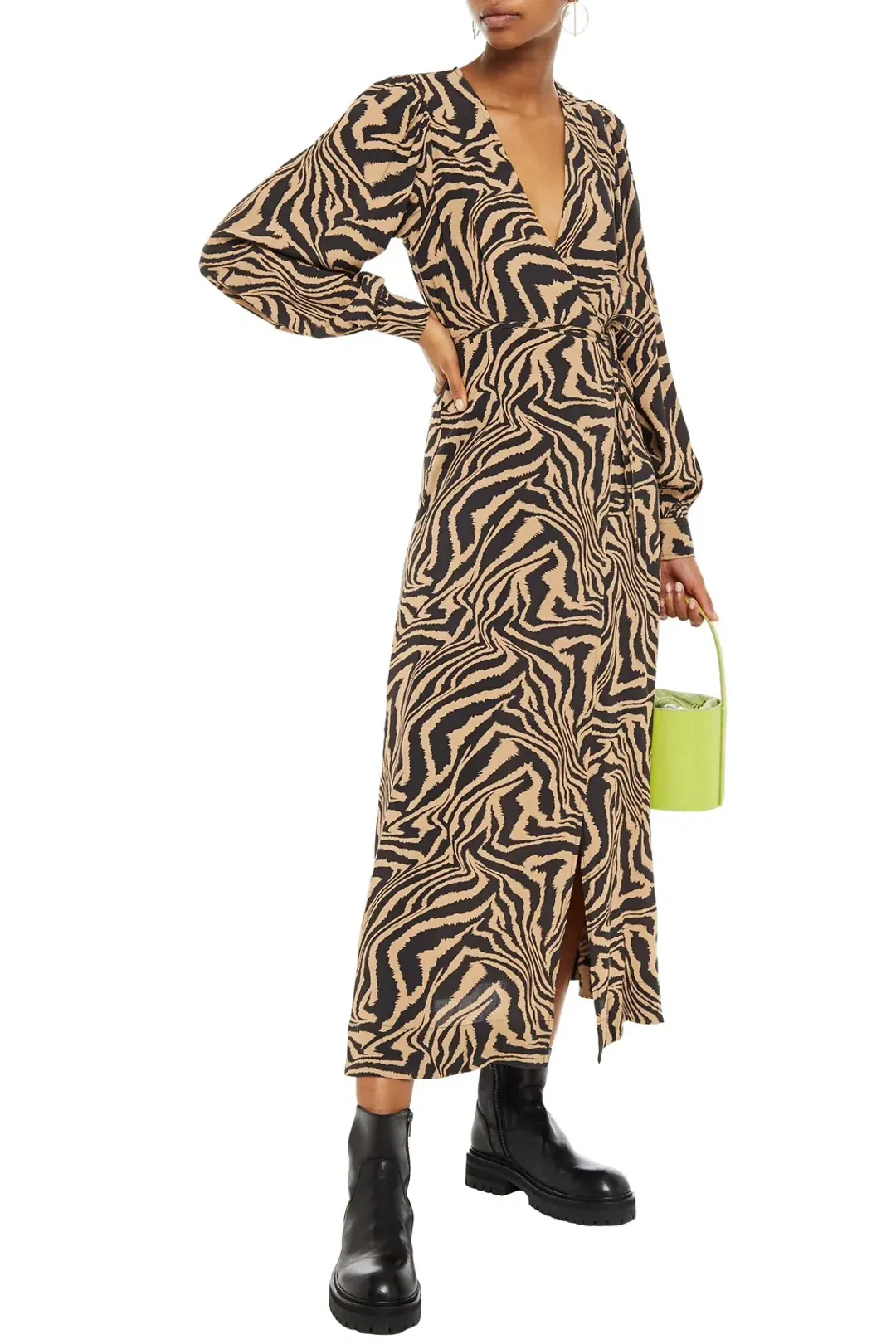 Ganni Tiger Print Midi Wrap Dress Animal Print Size AU 8 for rent on The Volte - main image