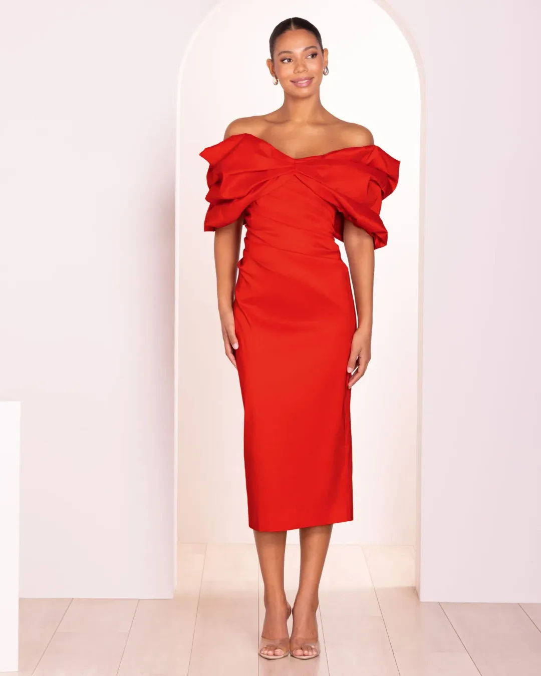 Pilgrim Safina Off Shoulder Midi Dress in Red size 12 for rent on The Volte - main image