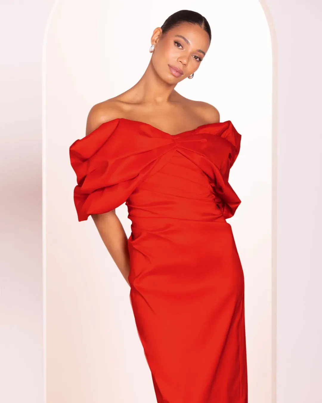 Pilgrim Safina Off Shoulder Midi Dress in Red size 12 for rent on The Volte - main image