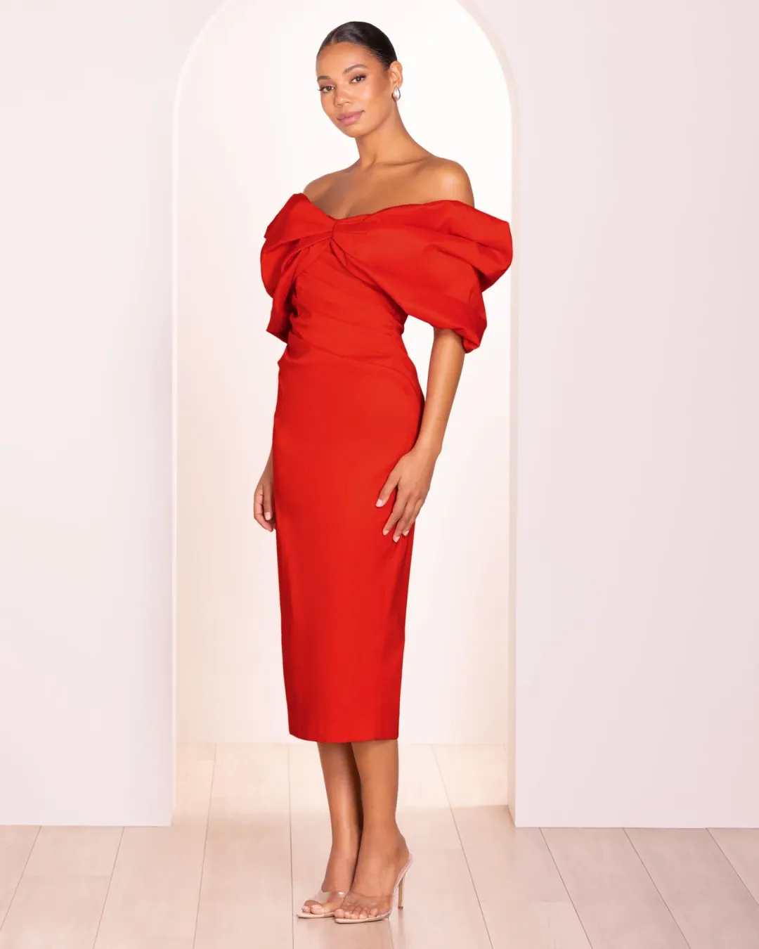 Pilgrim Safina Off Shoulder Midi Dress in Red size 12 for rent on The Volte - main image
