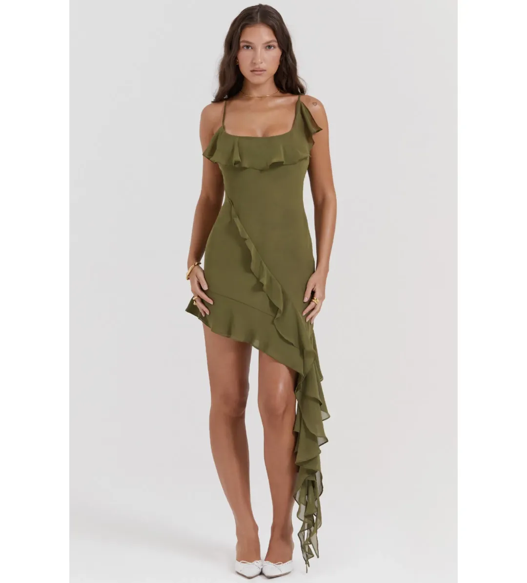 House Of Cb Marcia Ruffle Mini Dress Olive Size M /Au 10  for rent on The Volte - main image
