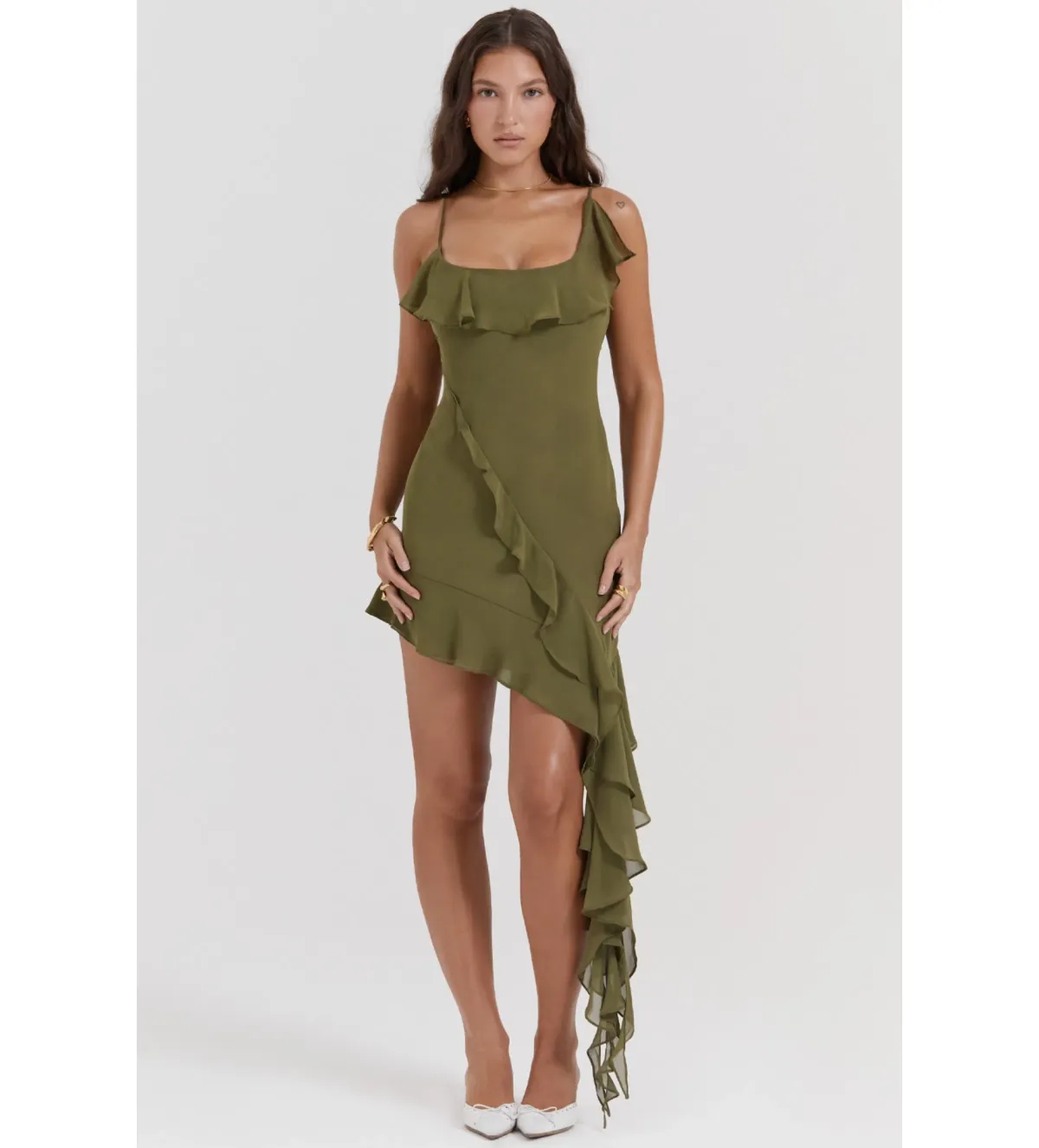 House Of Cb Marcia Ruffle Mini Dress Olive Size M /Au 10  for rent on The Volte - main image