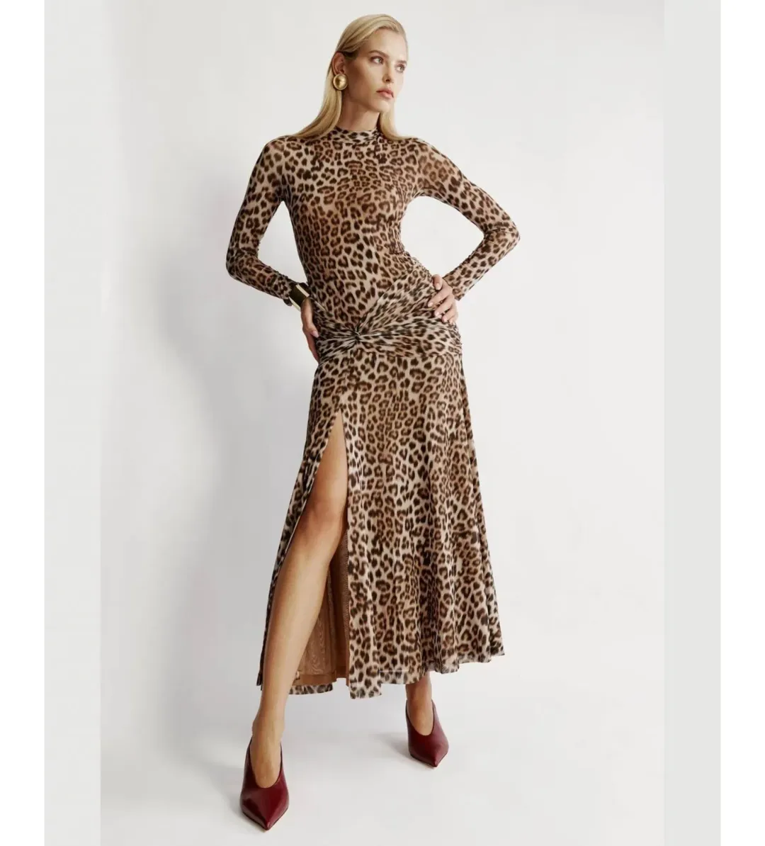 Bardot Lea Printed Mesh Midi Dress in Brown Leopard Size 10/M for rent on The Volte - main image