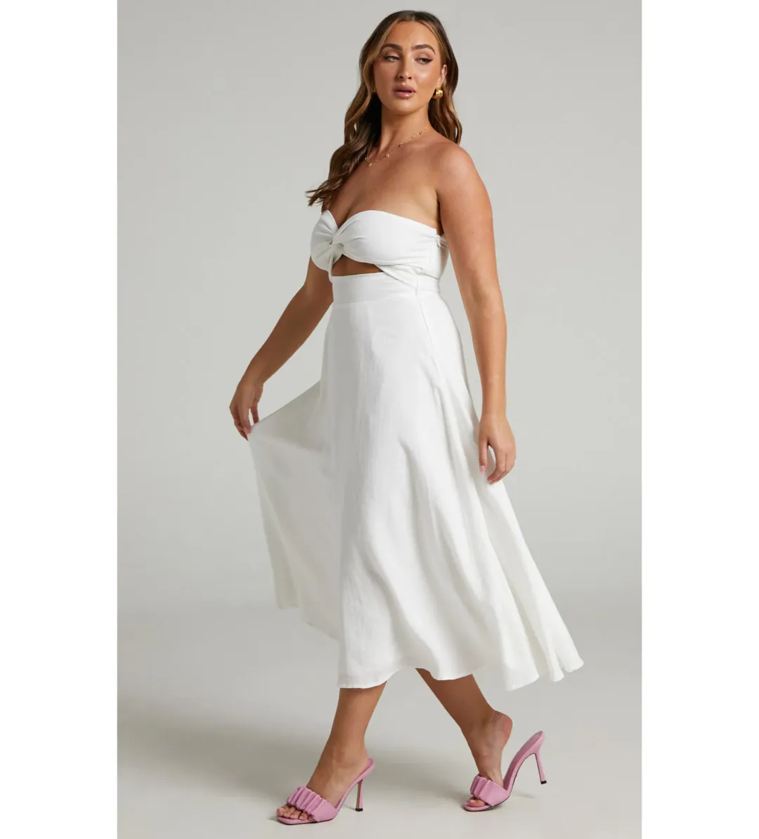 Avie Midi Dress Twist Strapless Cocktail Dress in Off-White Size 12 for rent on The Volte - main image