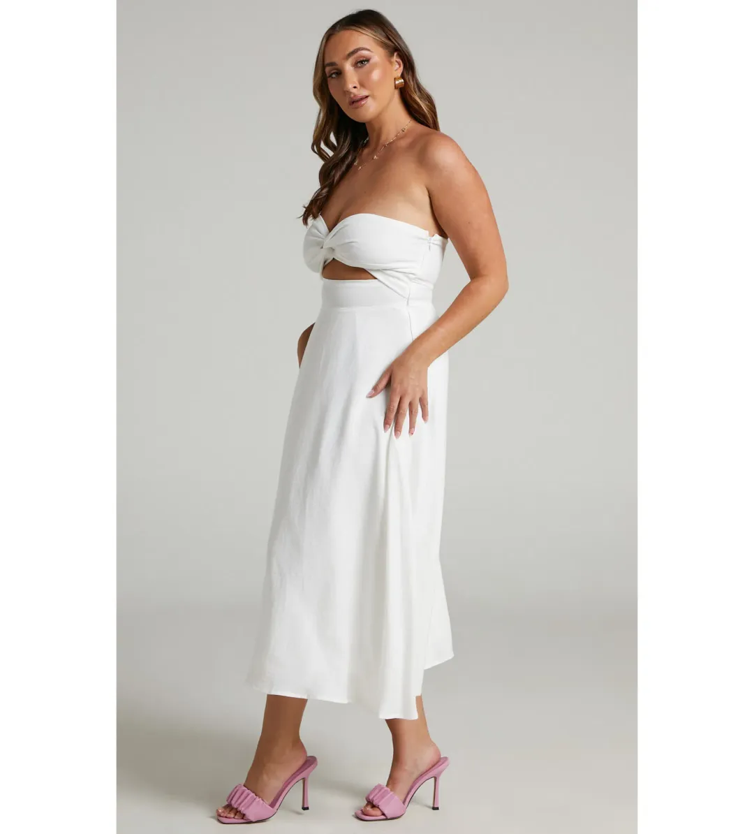 Avie Midi Dress Twist Strapless Cocktail Dress in Off-White Size 12 for rent on The Volte - main image