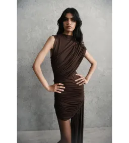 De La Vali Ravenna Draped Jersey Mini Dress in Chocolate Brown AU 6 for rent on The Volte - image 2