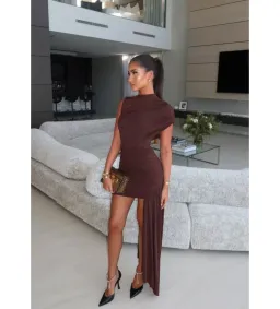 De La Vali Ravenna Draped Jersey Mini Dress in Chocolate Brown AU 6 for rent on The Volte - image 4