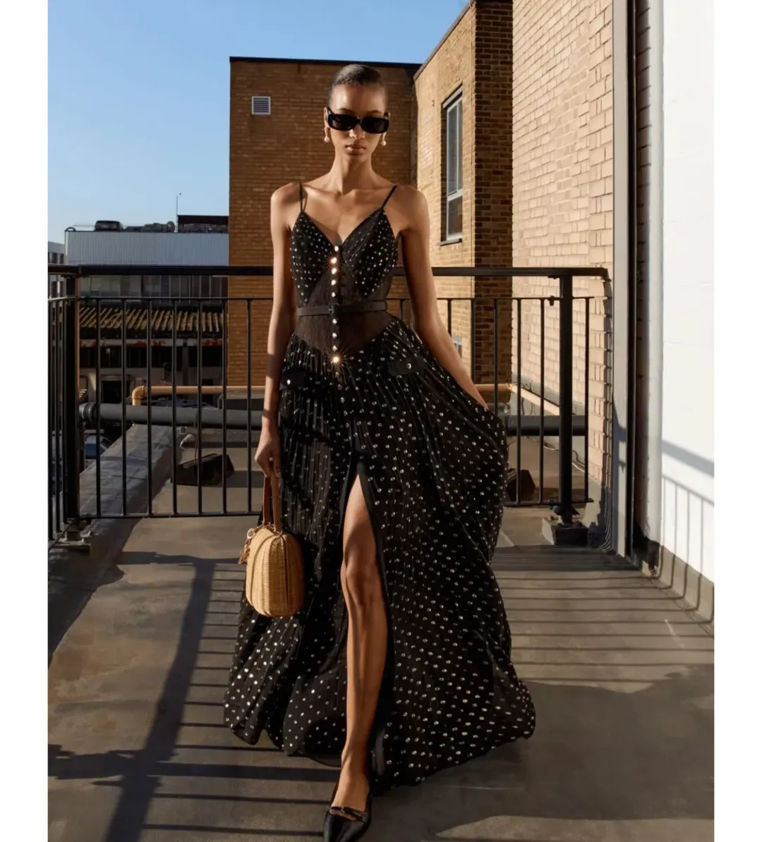 Self Portrait  Black and Gold Chiffon Maxi Dress Size AU 8 for rent on The Volte - main image