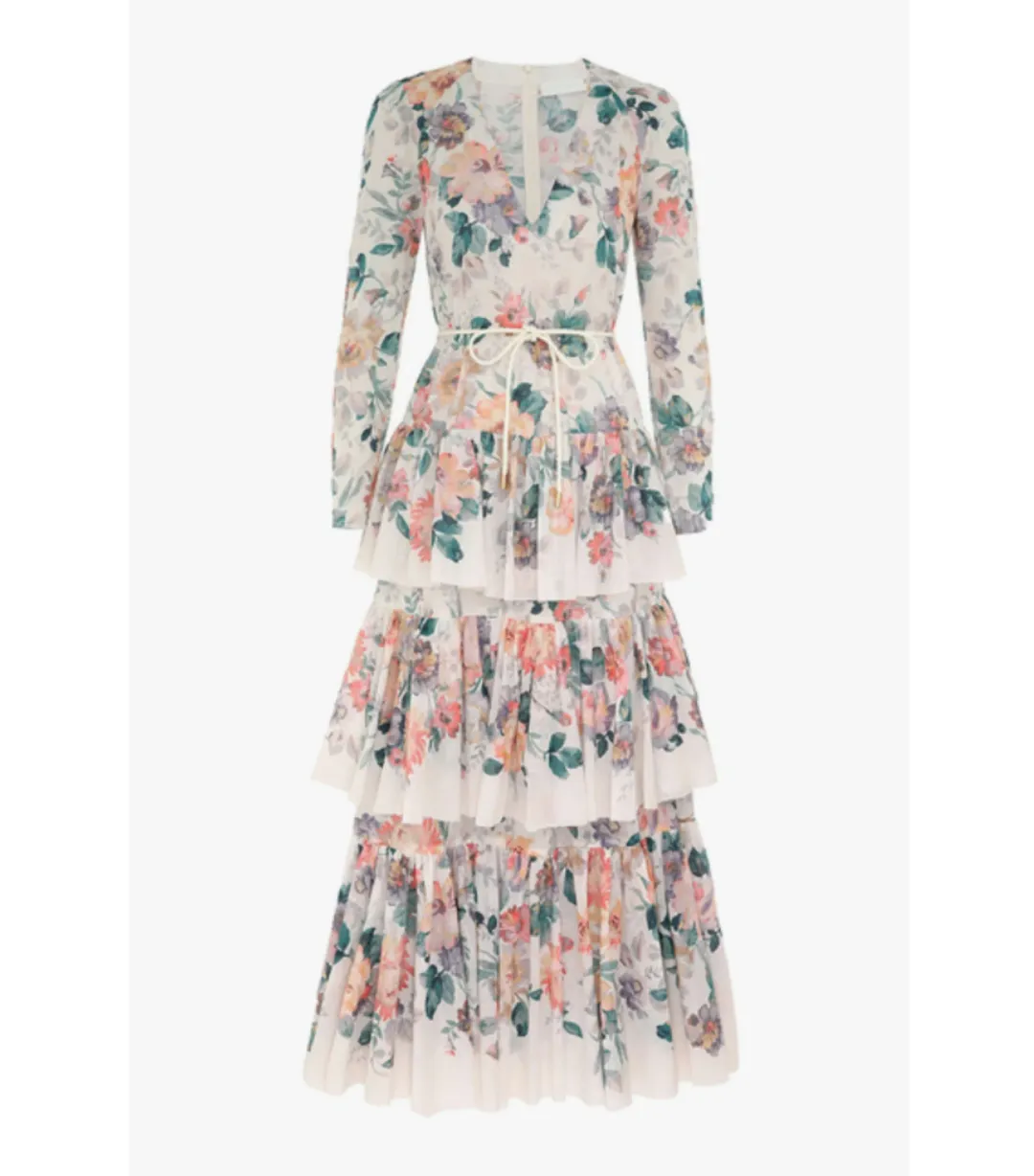 Zimmermann Acacia Tiered Maxi Dress Ecru With Floral Print Size 3 / AU 14 for rent on The Volte - main image