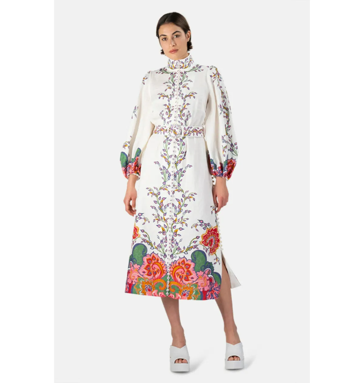 Zimmerman The Lovestruck Buttoned Midi Dress in Natural Paisley Floral Size 0 / AU 8 for rent on The Volte - main image