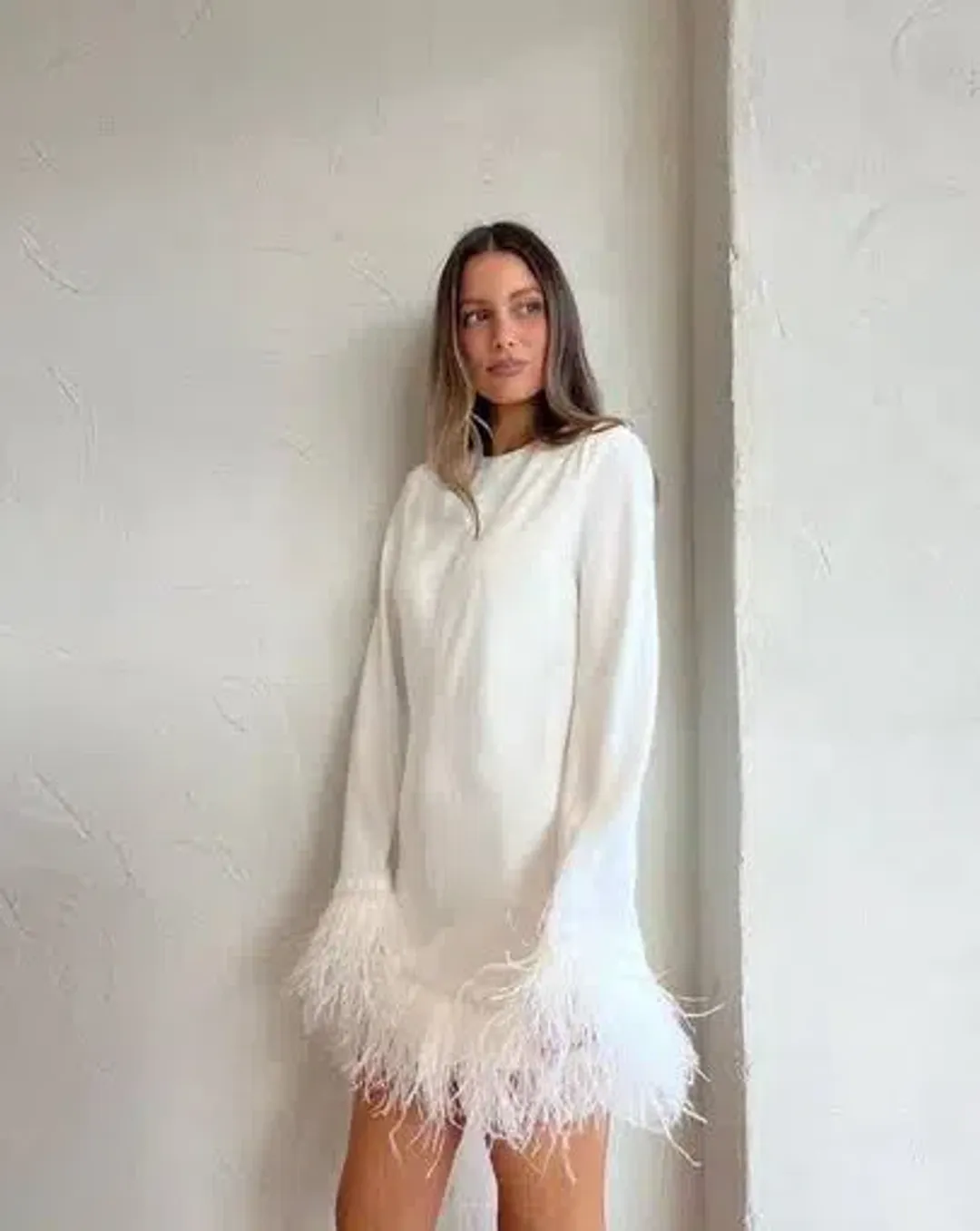 By Johnny Nicola Feather Trimmed Mini Dress Ivory White Size Small/ AU 8 for rent on The Volte - main image