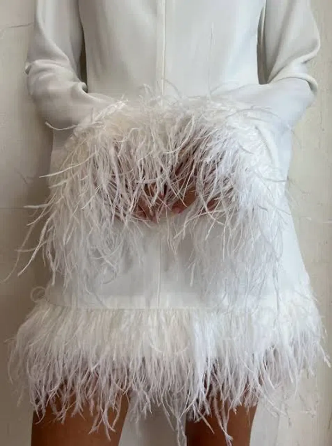 By Johnny Nicola Feather Trimmed Mini Dress Ivory White Size Small/ AU 8 for rent on The Volte - main image