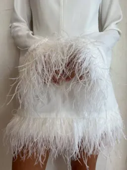 By Johnny Nicola Feather Trimmed Mini Dress Ivory White Size Small/ AU 8 for rent on The Volte - image 5