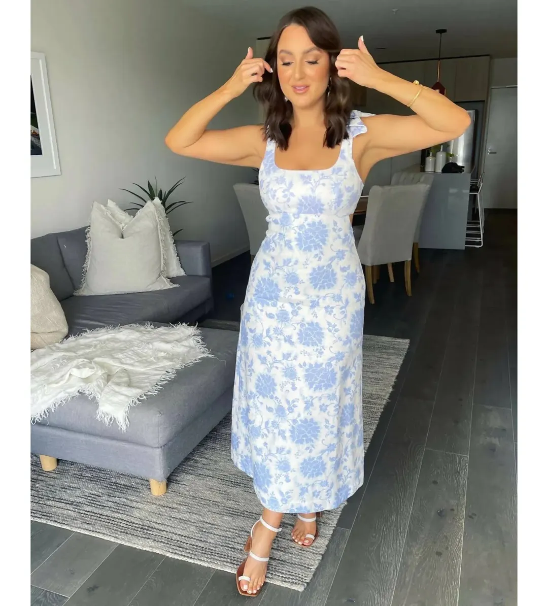 Zimmermann The Postcard Tie Shoulder Midi Dress Blue Tonal Floral Size 0 / AU 6 for rent on The Volte - main image