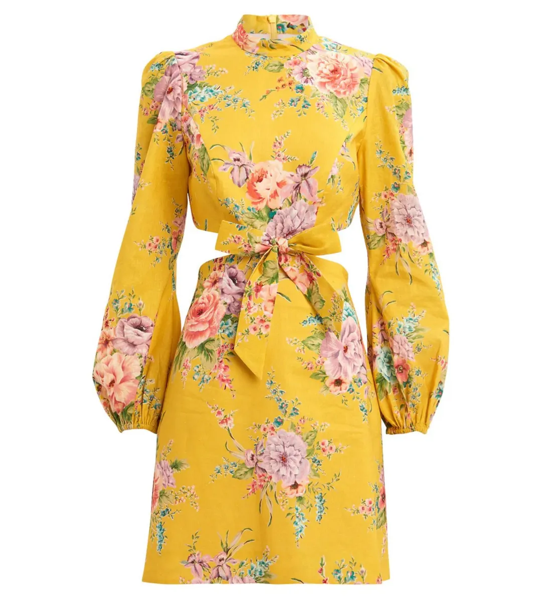 Zimmermann Zinnia Bow Cut Out Mini Dress Golden Floral Size 0/AU 8 for rent on The Volte - main image