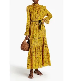Zimmermann Lulu Belted Printed Cotton-mousseline Maxi Dress In Mustard Size 0/Au 8  for rent on The Volte - image 1