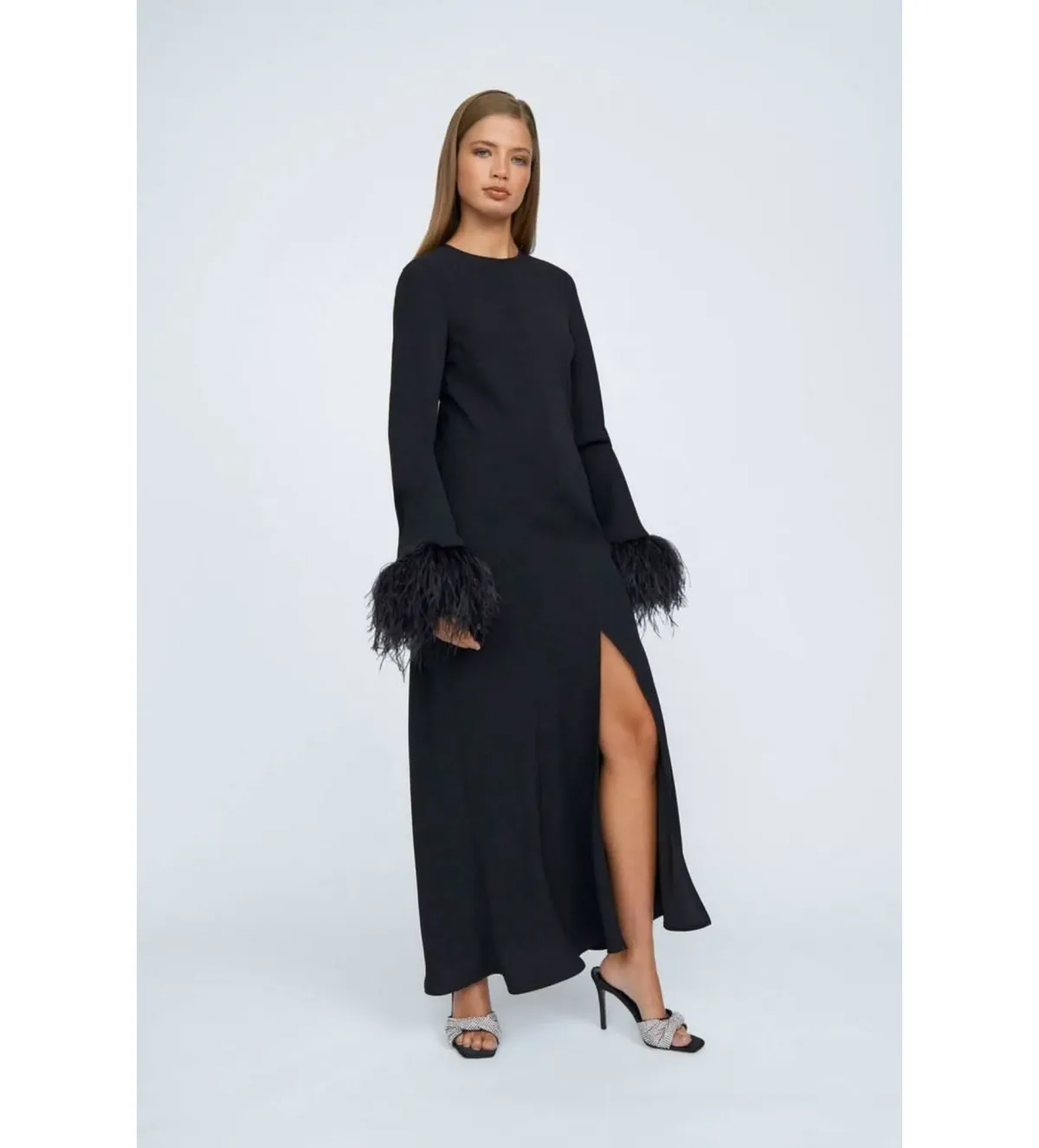 By Johnny Miranda Feather Cuff Full Length Dress Black Size 12 for rent on The Volte - main image