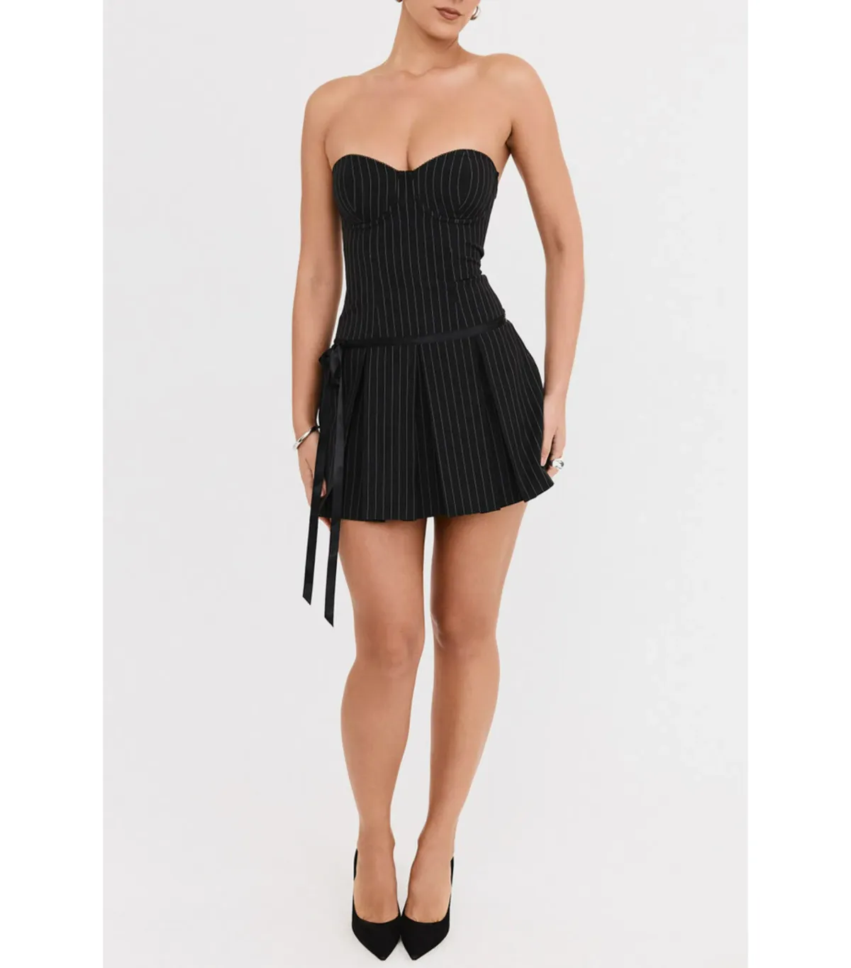 Mistress Rocks Black Pinstripe Mini Dress Black Size AU 10 for rent on The Volte - main image