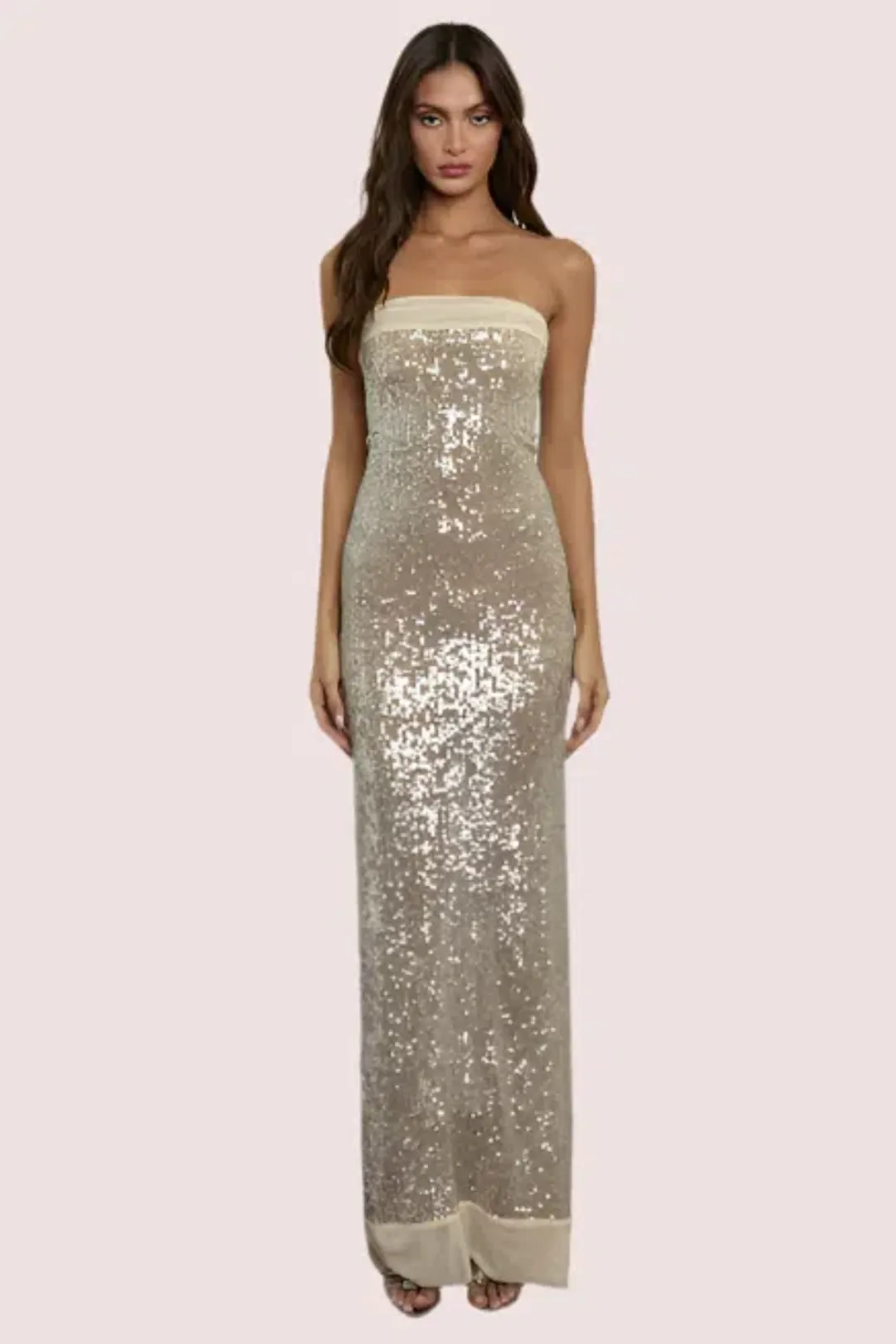 Fait Par Foutch Elizabeth- Diamond Soft Stretch sequin dress in  Beige Size AU 8 for rent on The Volte - main image