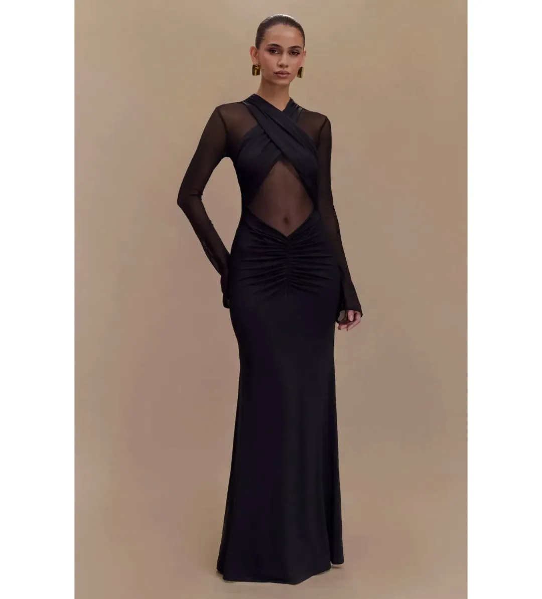 Meshki Tania Slinky and Mesh Long Sleeve Maxi Black Size S/AU 8 for rent on The Volte - main image