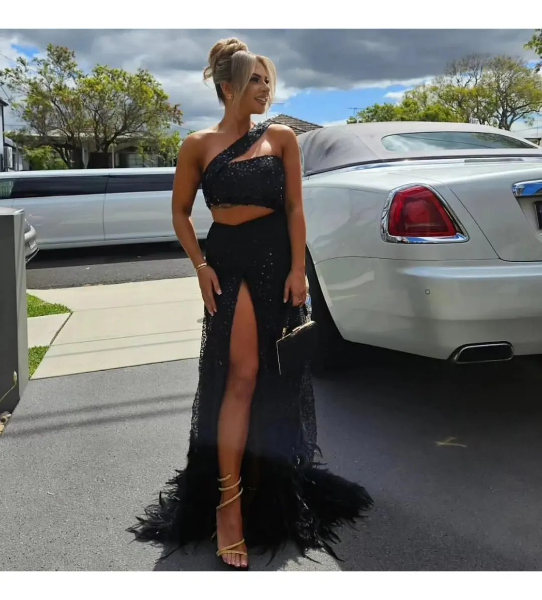 Alamour The Label Delphie Beaded Feather Gown in Black Size XXS / AU 4  for rent on The Volte - main image
