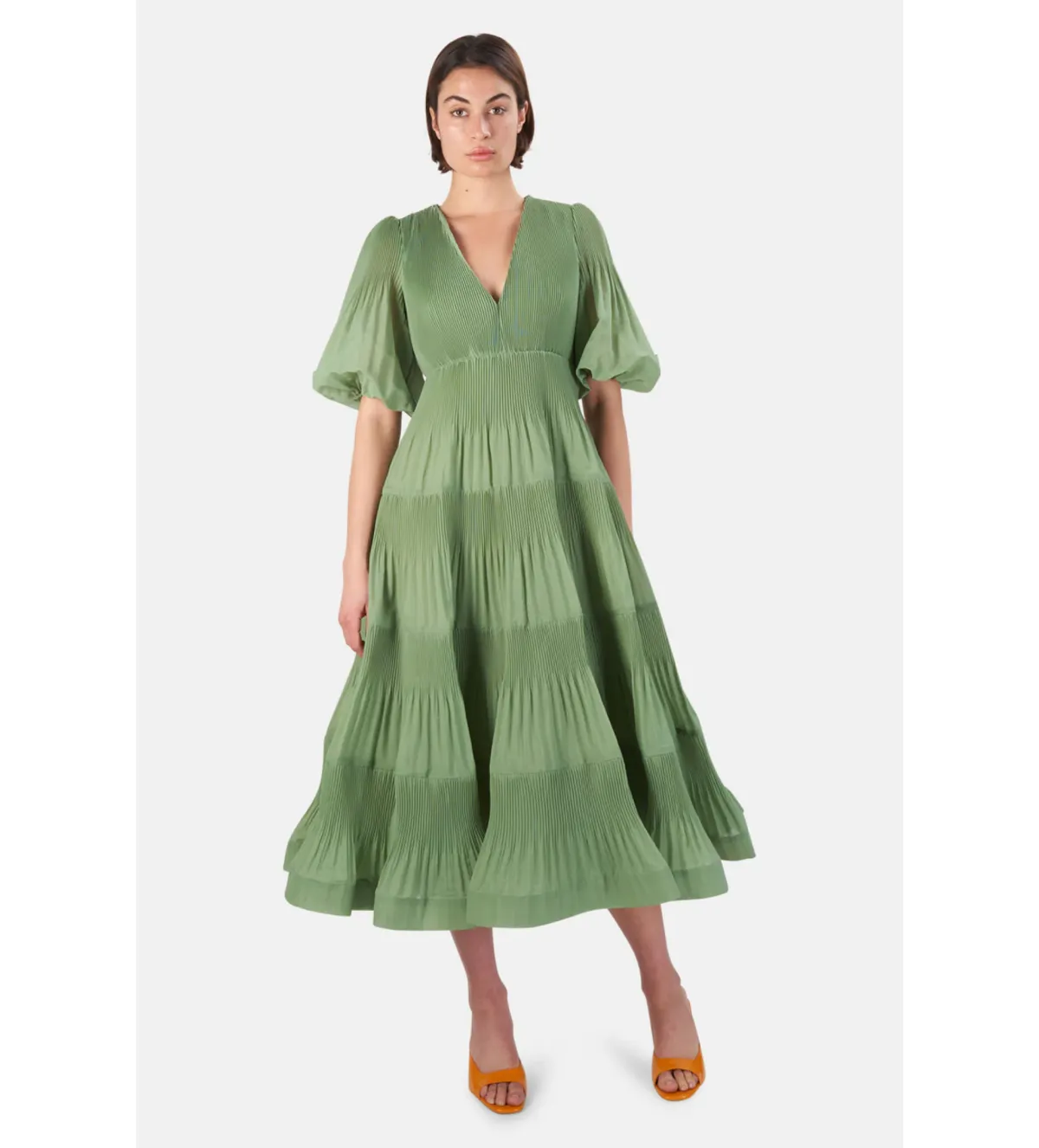 Zimmermann Pleated Balloon Sleeve Midi Plisse Dress Fern Size 0/Au 8  for rent on The Volte - main image