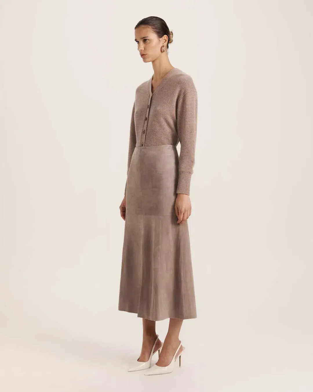 Saba Nadia Suede Leather Midi Skirt Mink Size AU 6 for rent on The Volte - main image