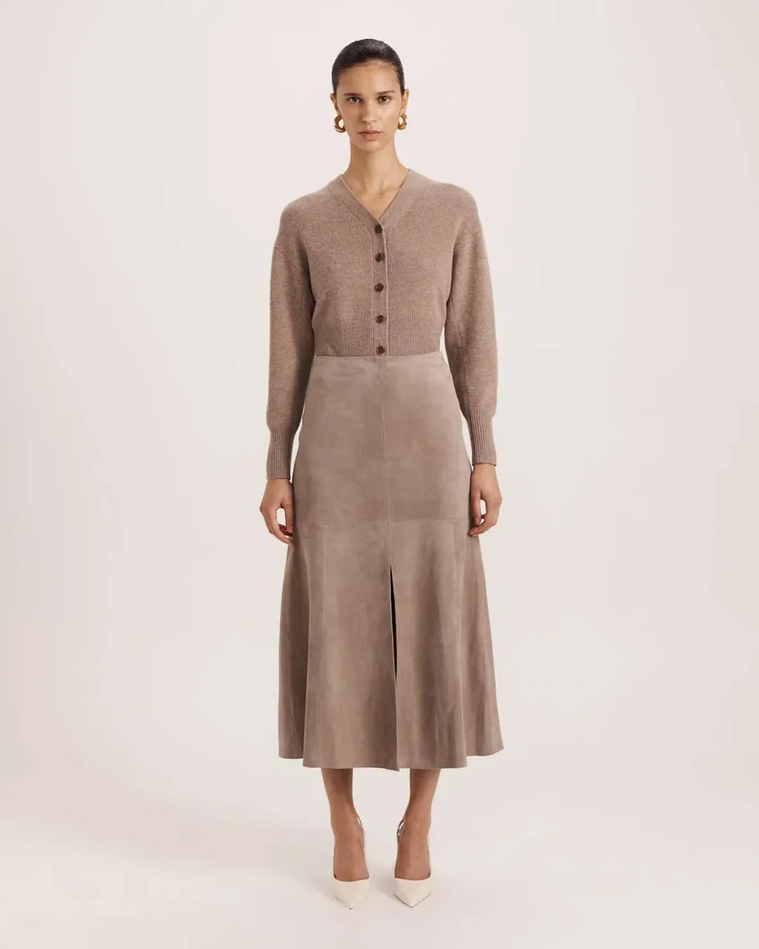 Saba Nadia Suede Leather Midi Skirt Mink Size AU 6 for rent on The Volte - main image