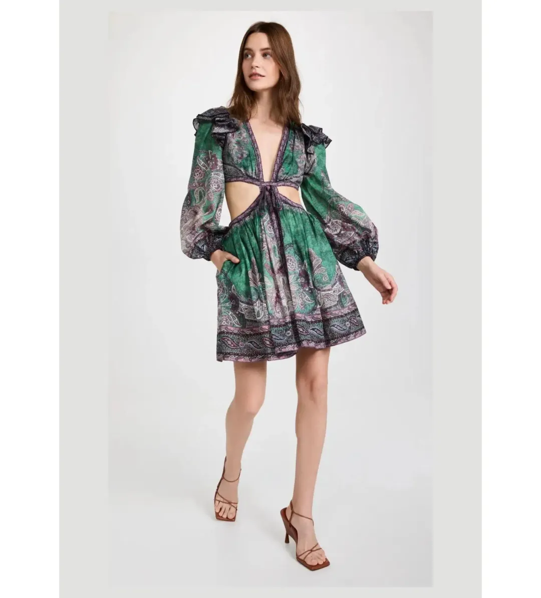 Zimmermann Anneke Ruffle Mini Dress Teal Paisley Size 0P/AU 6P for rent on The Volte - main image