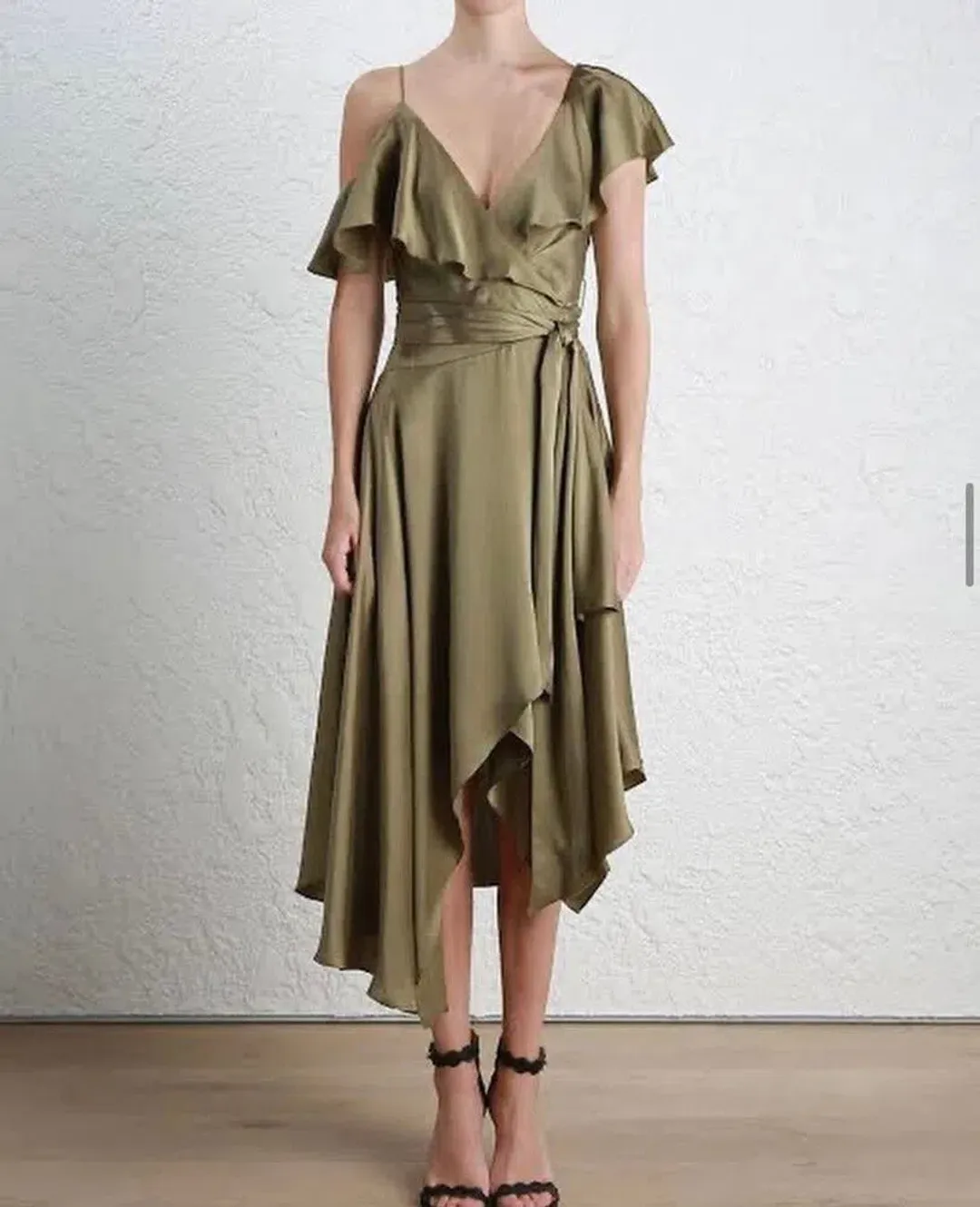 Zimmermann Asymmetrical Silk Wrap Midi Dress Green Size 6 for rent on The Volte - main image