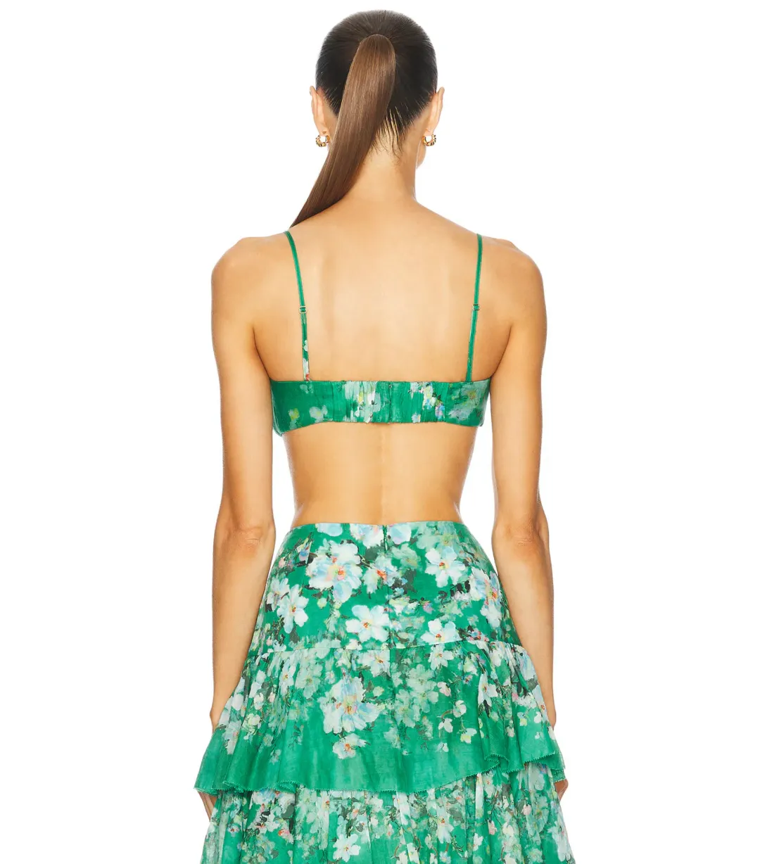 Zimmermann Everley Draped Bow Bralette and Tiered Midi Skirt Set in Green Watercolour Floral Size 8/XS for rent on The Volte - main image