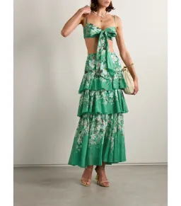 Zimmermann Everley Draped Bow Bralette and Tiered Midi Skirt Set in Green Watercolour Floral Size 8/XS for rent on The Volte - image 1