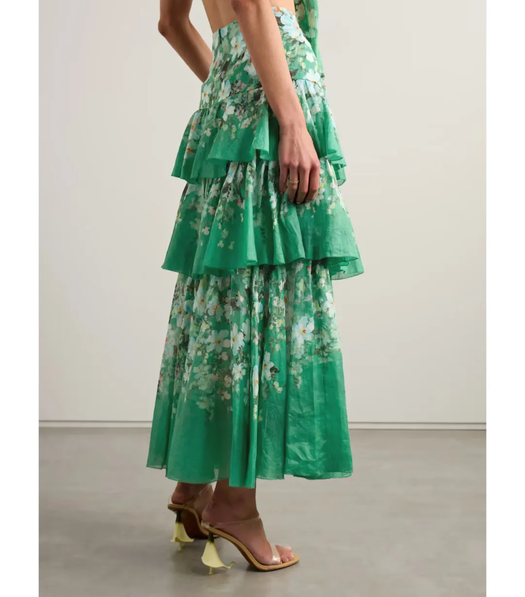 Zimmermann Everley Draped Bow Bralette and Tiered Midi Skirt Set in Green Watercolour Floral Size 8/XS for rent on The Volte - main image