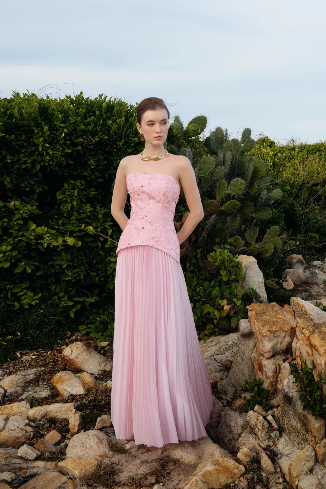 Justin Tong Cascade Pleated Gown Pink Size 12   for rent on The Volte - main image