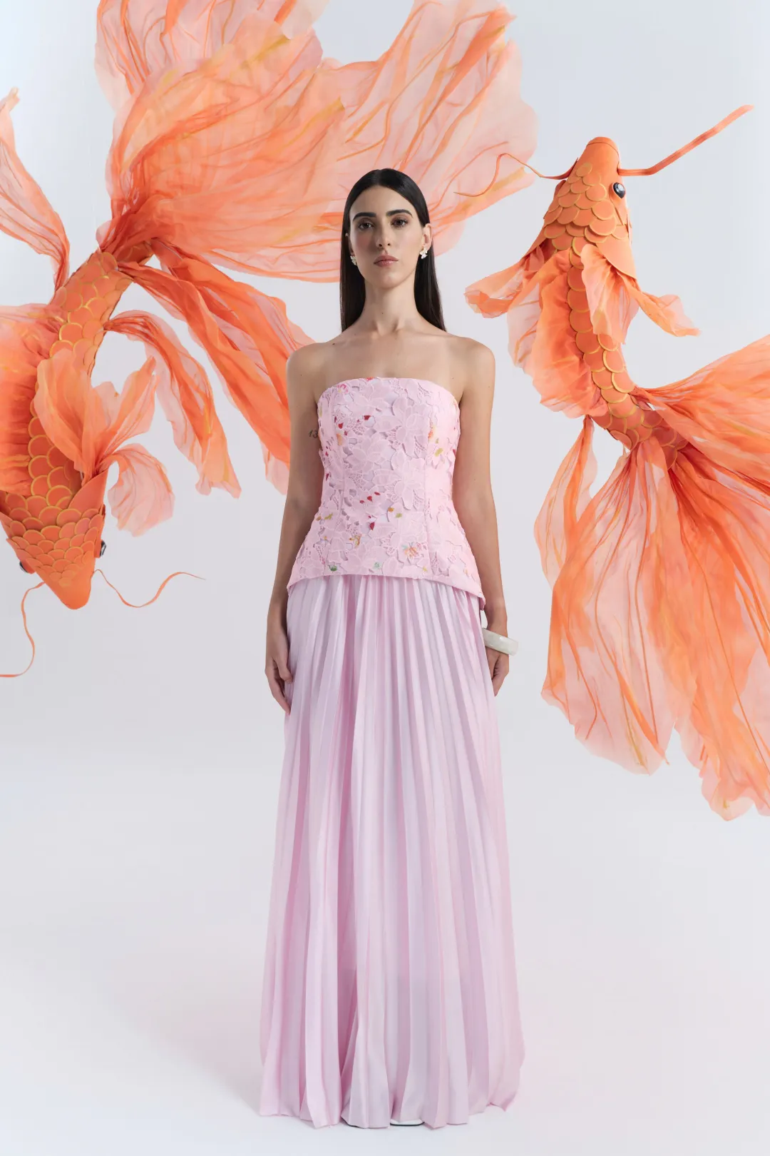 Justin Tong Cascade Pleated Gown Pink Size 12   for rent on The Volte - main image
