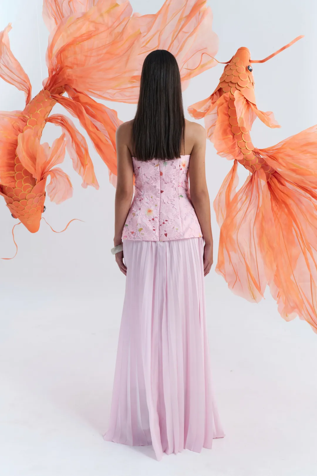Justin Tong Cascade Pleated Gown Pink Size 12   for rent on The Volte - main image