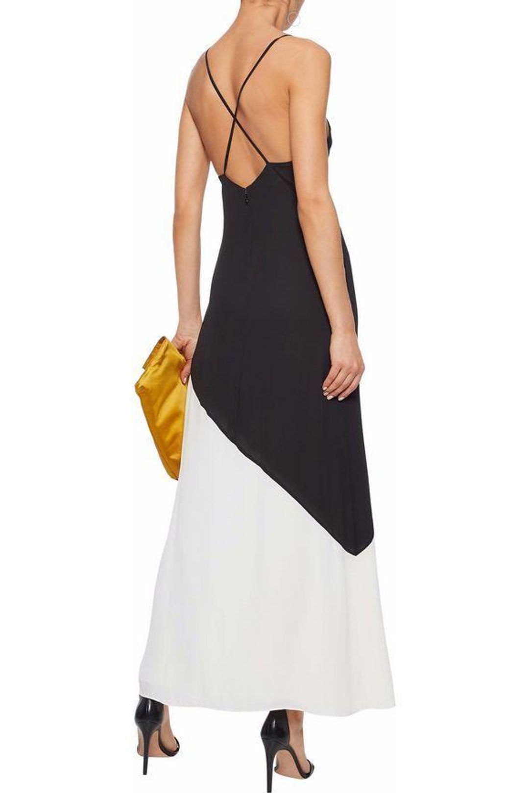 Alice and Olivia Maggie Two Tone Crepe De Chine Maxi Dress Black/White Size 4 for rent on The Volte - main image