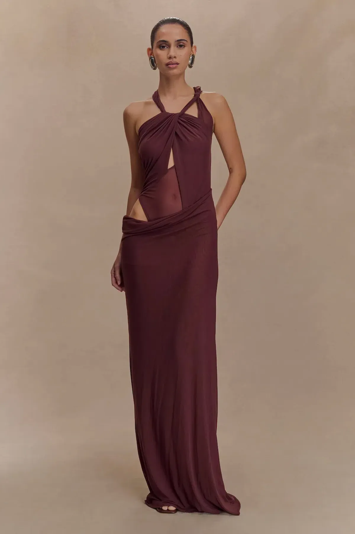 Meshki Edwina Knotted Mesh Maxi in Brown Size 8/S for rent on The Volte - main image