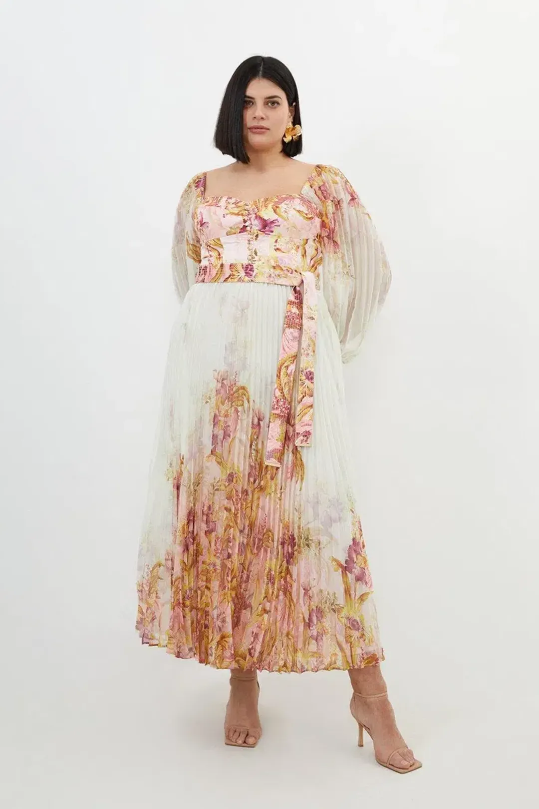 Karen Millen Border Print Floral And Satin Bodice Pleat Woven Maxi Dress Size AU 22 for rent on The Volte - main image