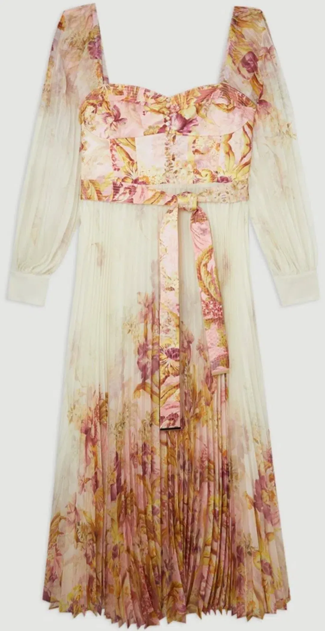 Karen Millen Border Print Floral And Satin Bodice Pleat Woven Maxi Dress Size AU 22 for rent on The Volte - main image